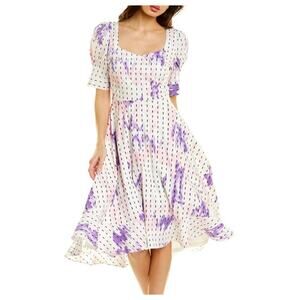 NWT BCBGeneration White Printed Puff Short Sleeve A-Line Midi Dress. Size 8.